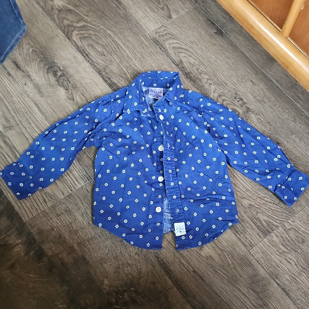 VINTAGE Baby B.U.M. Blue Pattern Shirt Button Long Sleeve 24 Months Toddler Boy